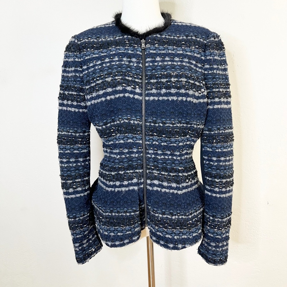Rebecca Taylor Blue Tweed Zip Front Blazer Jacket Fur Trim Collar Size 6